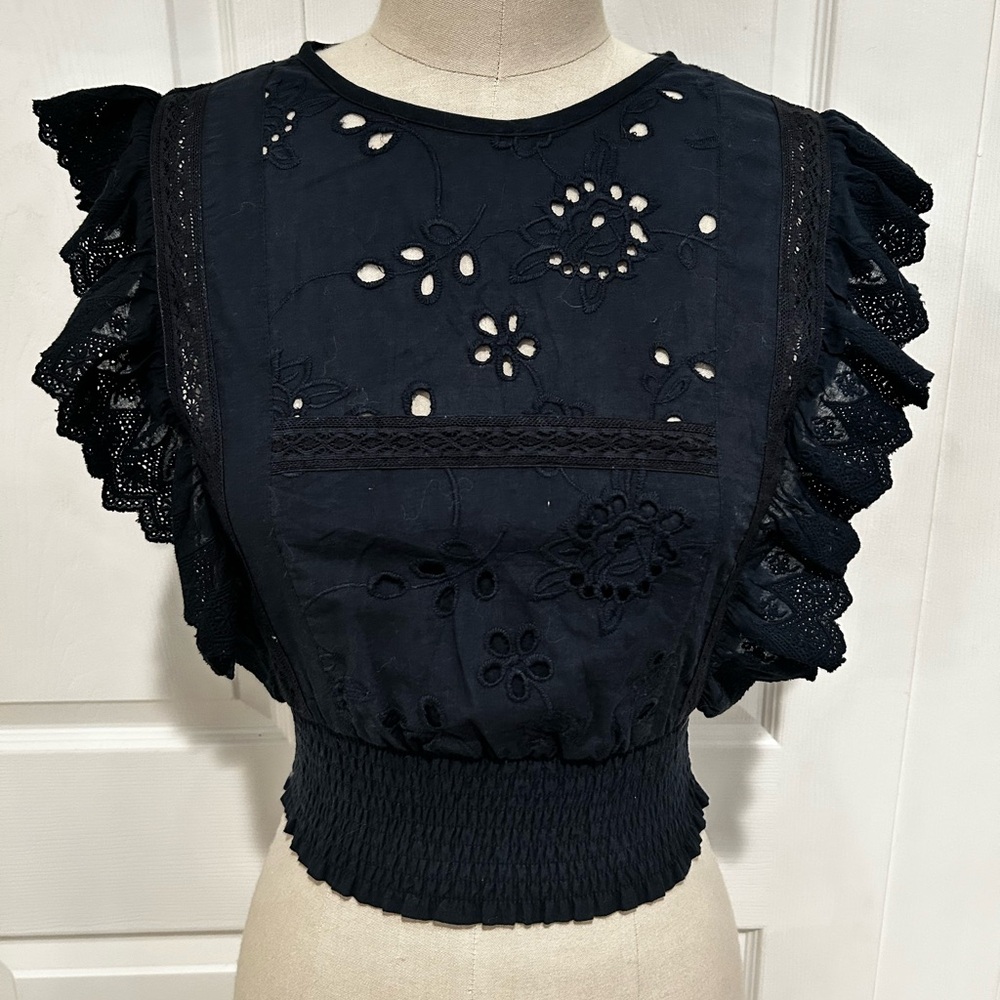 Misa Los Angeles Black and White Flutter Sleeve Blouse